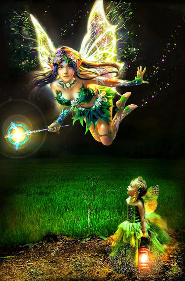 Diamond Painting Fee en meisje met Ronde steentjes 100x70cm - Beste Kwaliteit